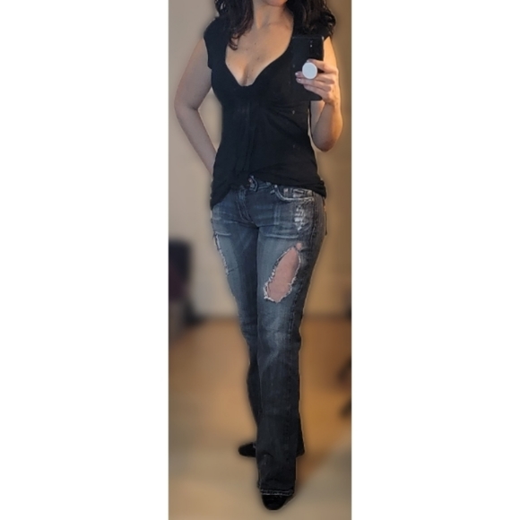 Miss Me Jeans, Black/ Charcoal with Orange Stitching, Size 29 - Picture 3 of 8